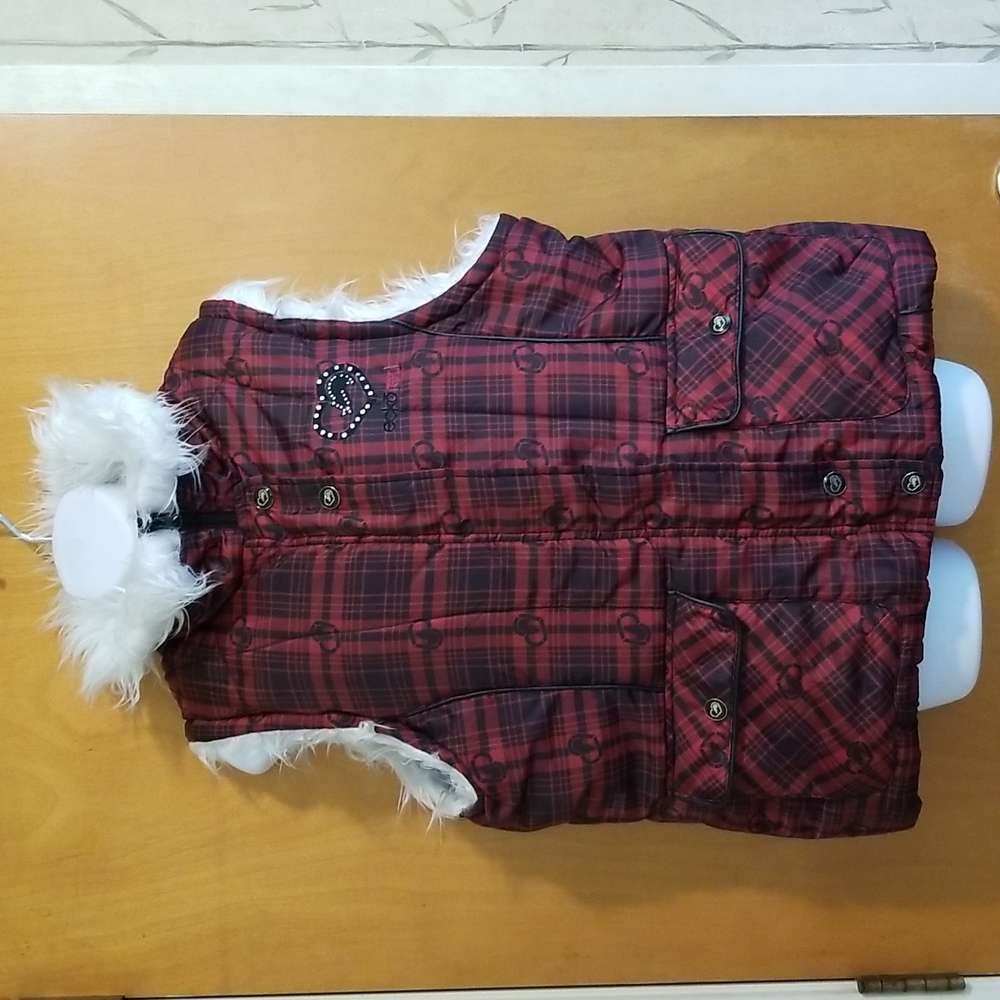 Ecko Red Women XL Puffer Vest Red Black Plaid Faux Fur Trim Rhinestone Heart Y2K